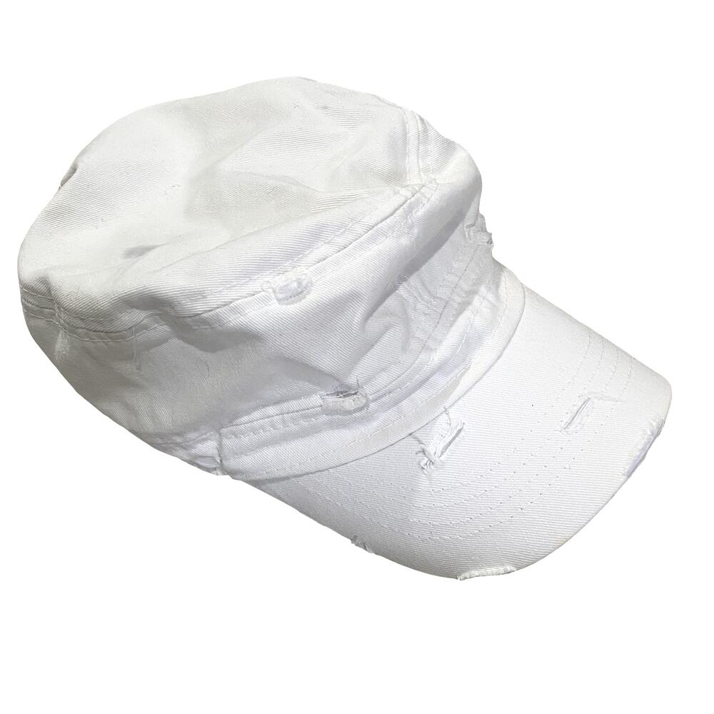 Ethos White Military Style Cadet Hat Distressed Cap Size L 100% Cotton
